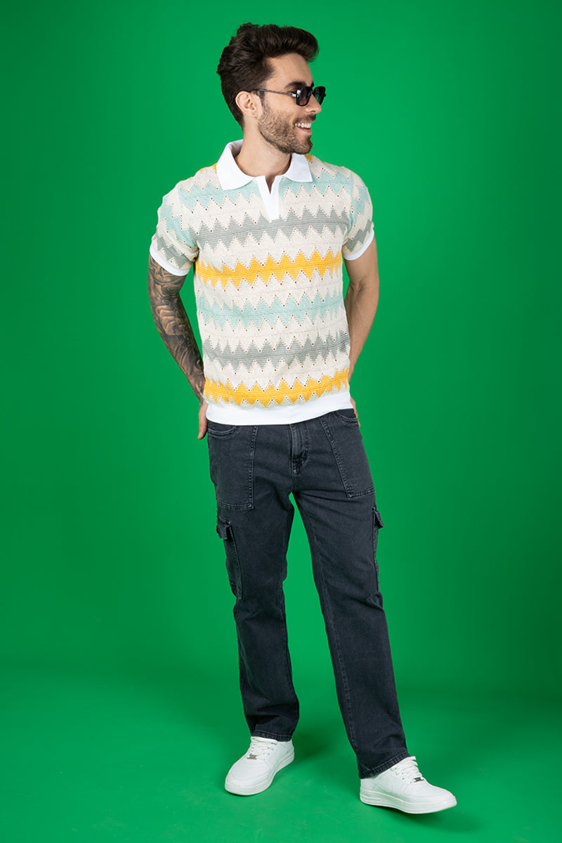 Men's Regular Fit Multi Color Crochet Polo Neck Tee