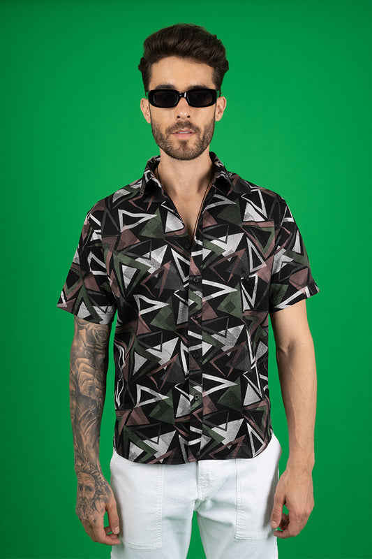Men's Regular Fit Black Cotton Casual Shirt - Geometric Print - Half Sleeves