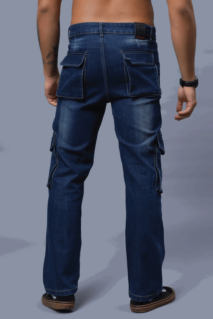 Men's Loose Fit Multiple Pocket Dark Blue Cargo Denim Jeans - Peplos Jeans 