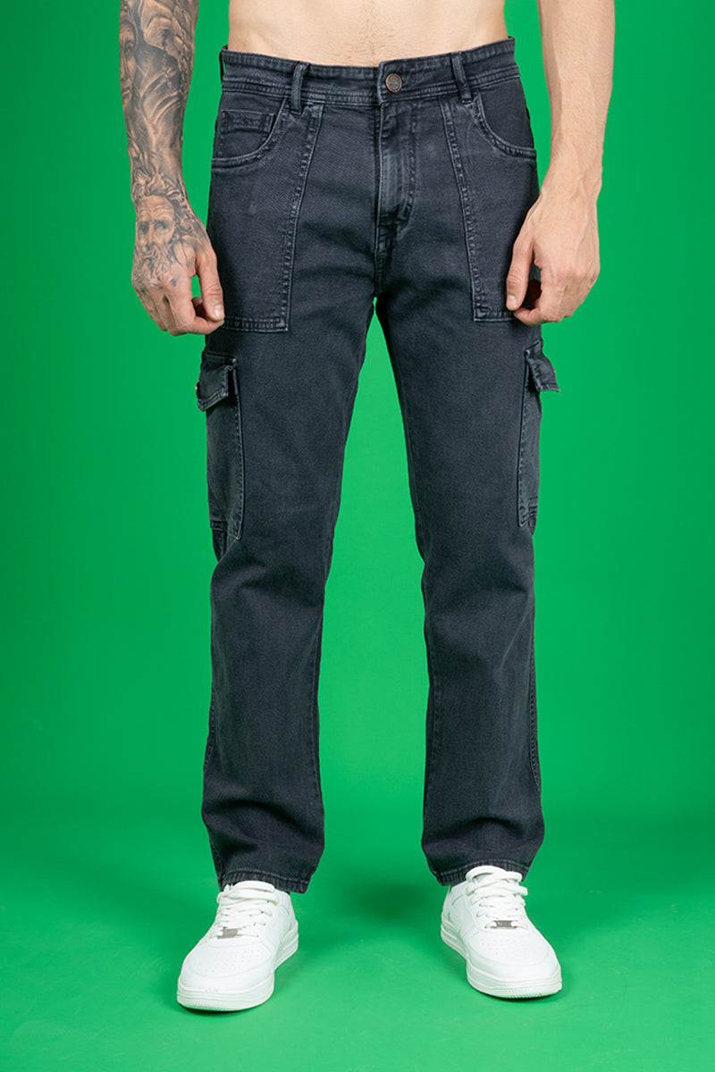 Men's Regular Fit Black Denim Cargo Trousers