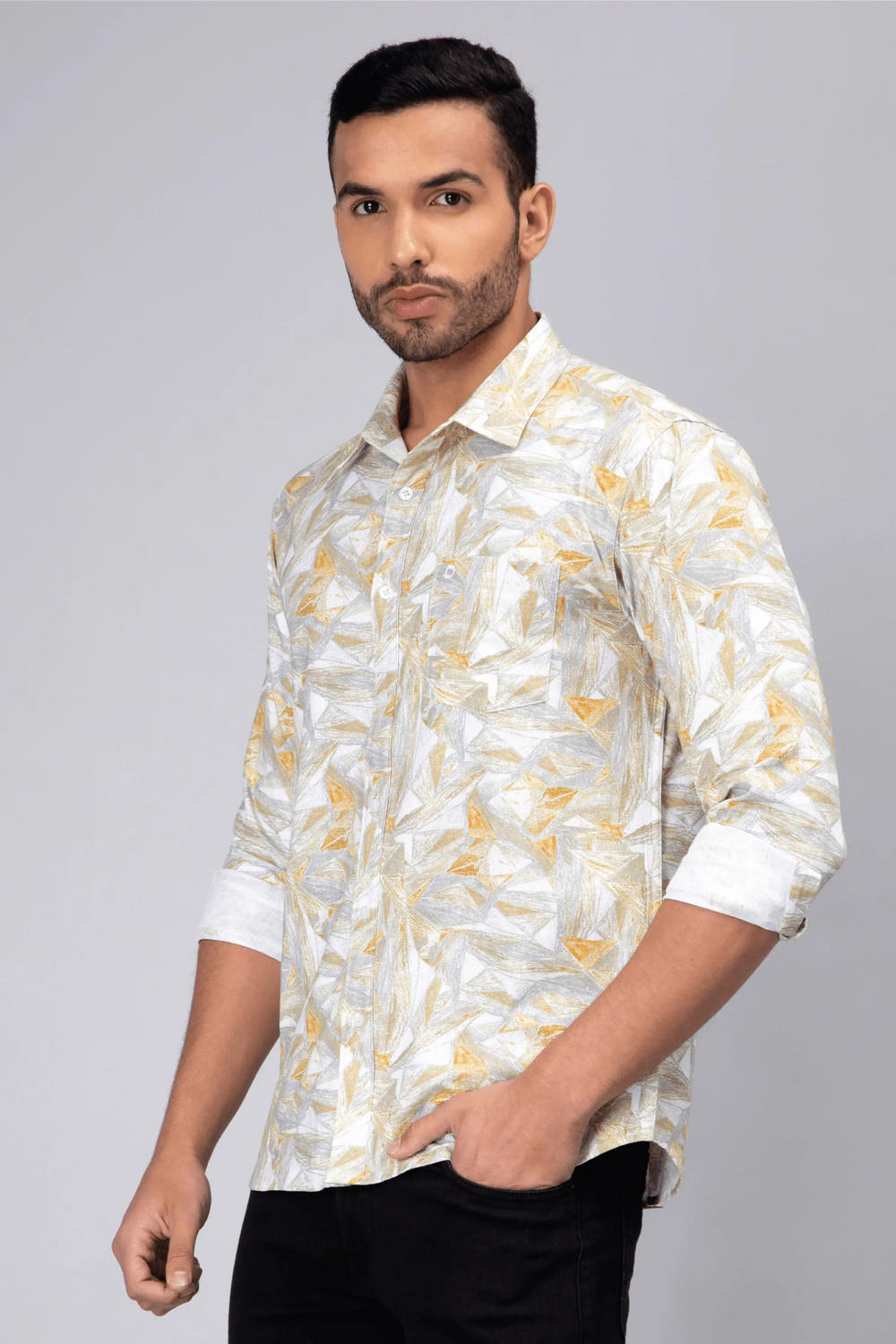 Regular Fit Cotton Standard Grey Printed Casual Shirt For Men - Peplos Jeans
