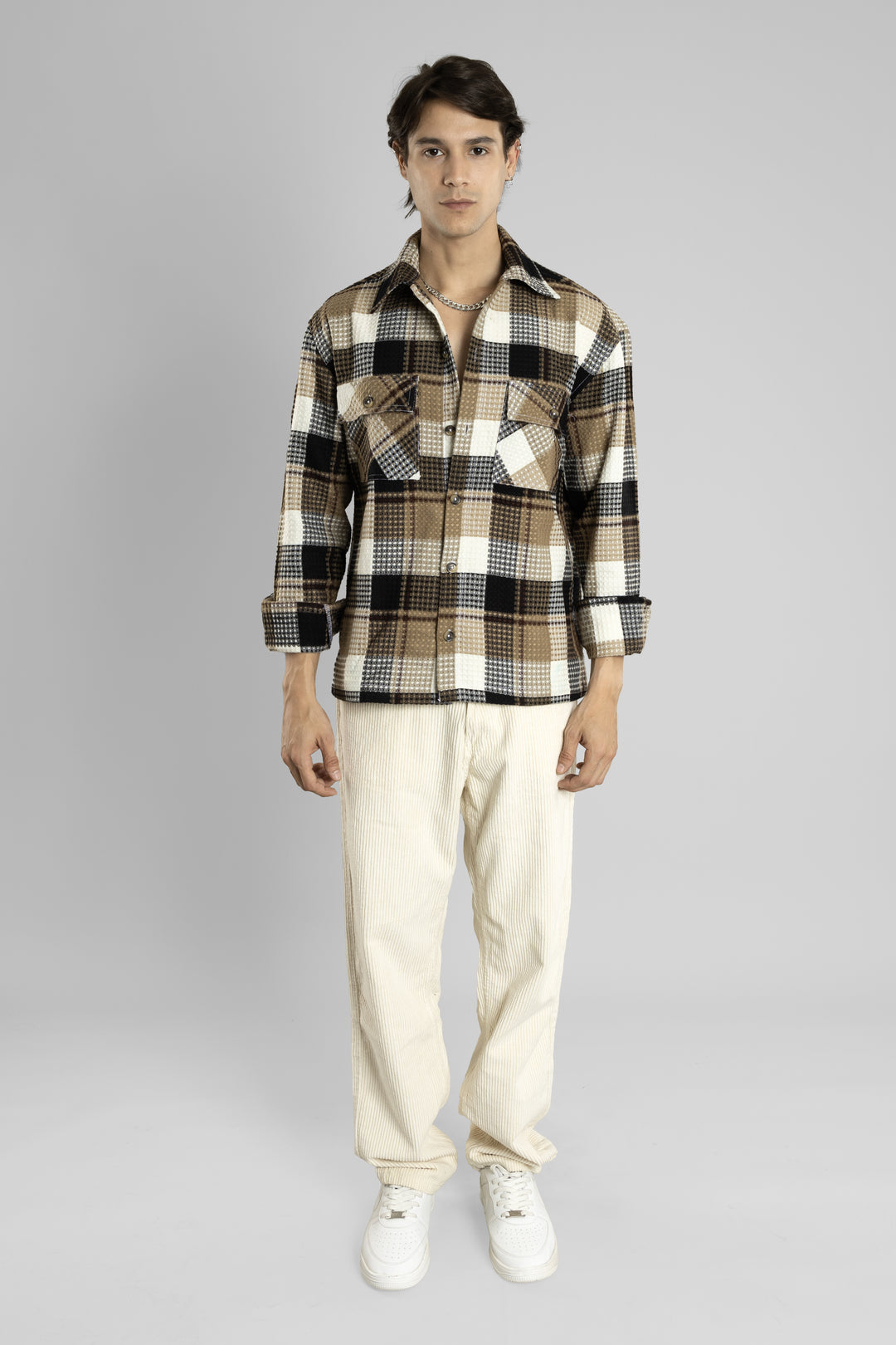 Oversized Checkered Shacket (Brown)