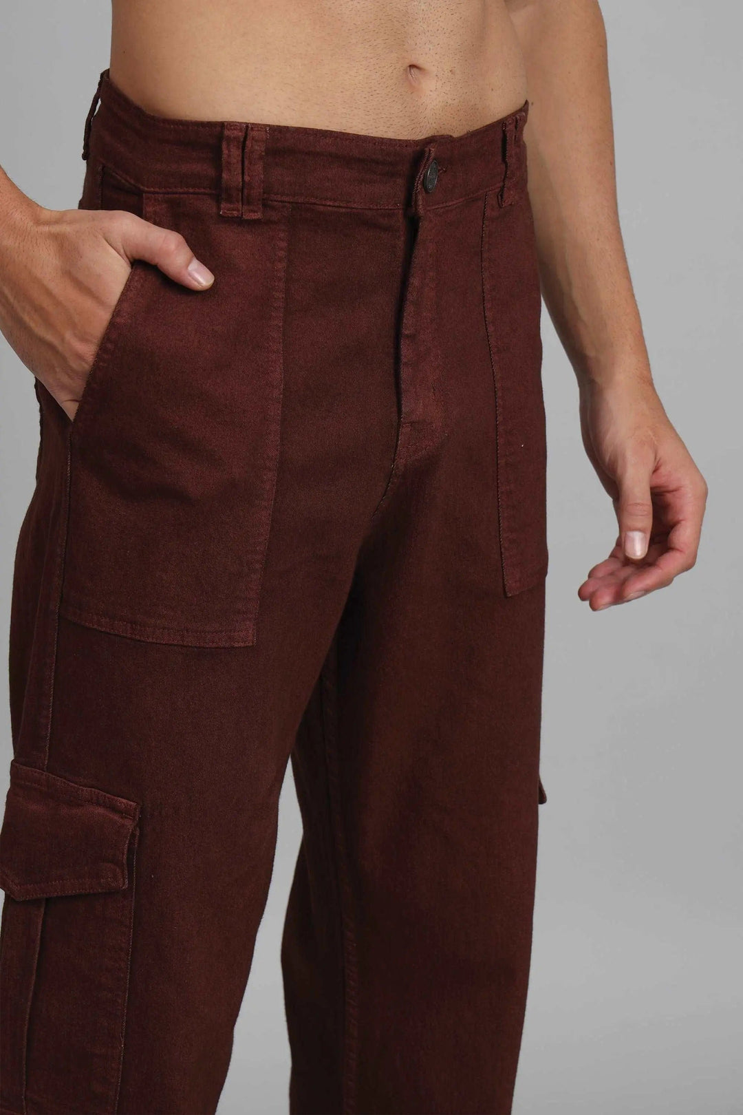 Men's Loose Fit Multiple Pocket Brown Denim Cargo Pant - Peplos Jeans