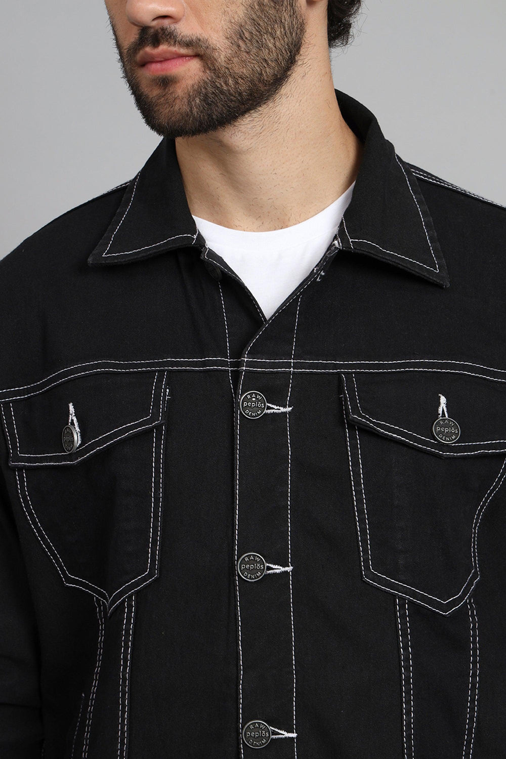 Regular Fit Black Color Denim Jacket for Men - Peplos Jeans