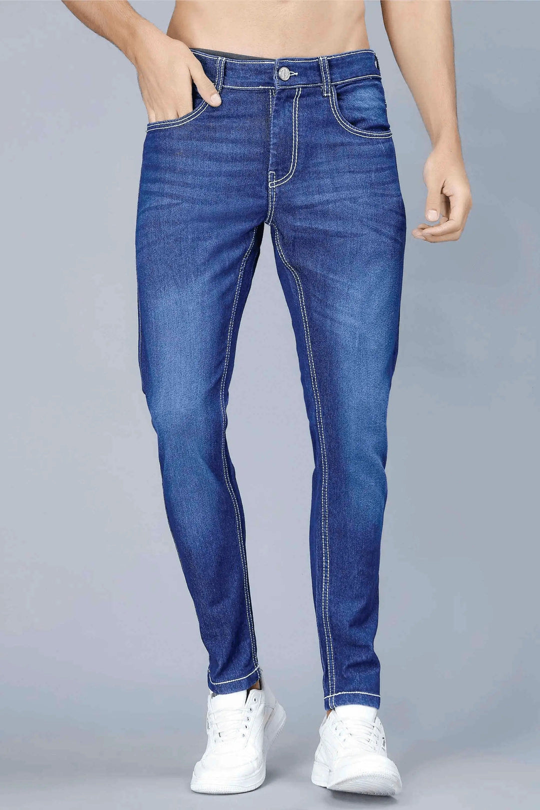 Men's Slim Fit Dark Blue Stretchable Solid Denim Jeans - Peplos Jeans 