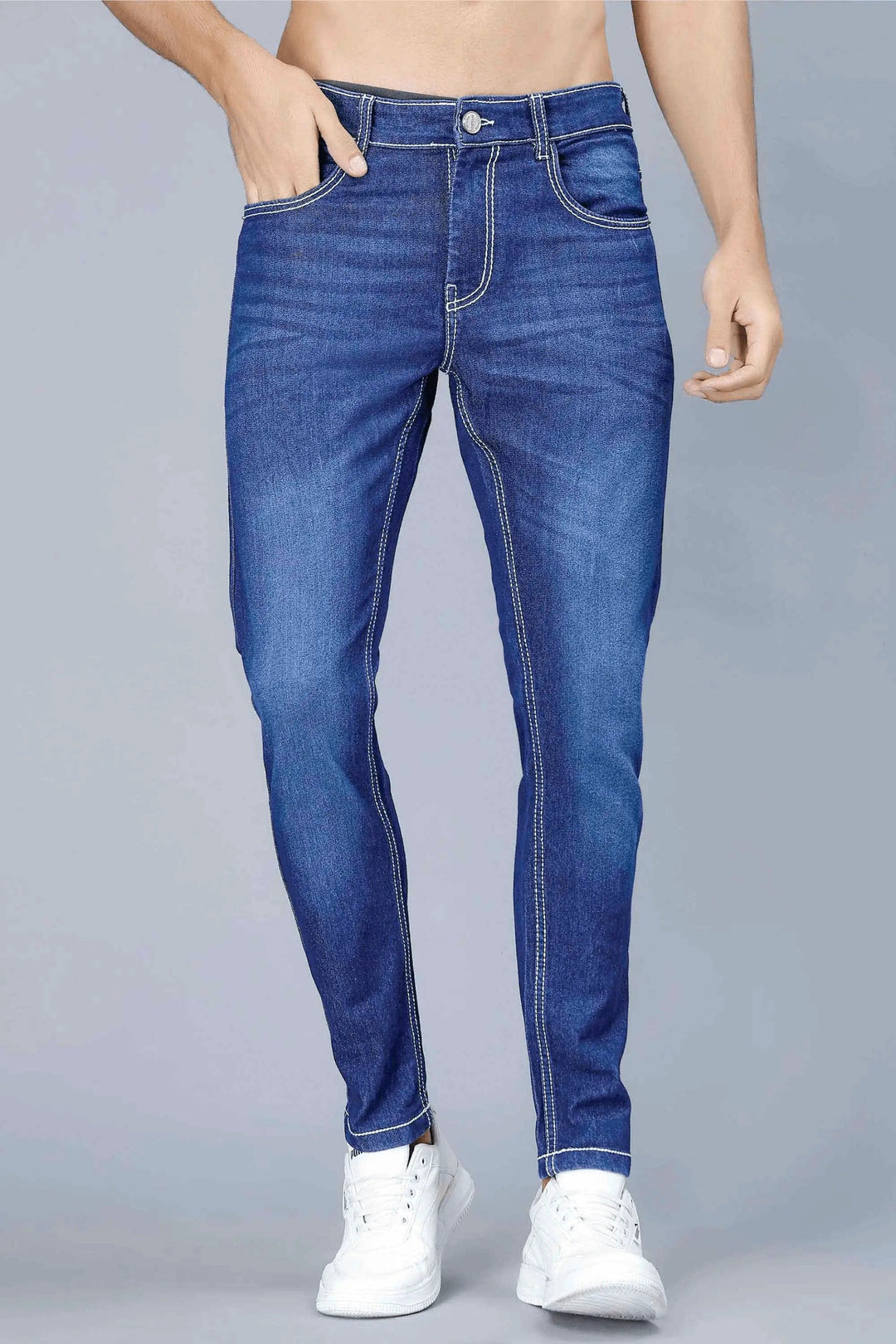 Men's Slim Fit Dark Blue Stretchable Solid Denim Jeans - Peplos Jeans