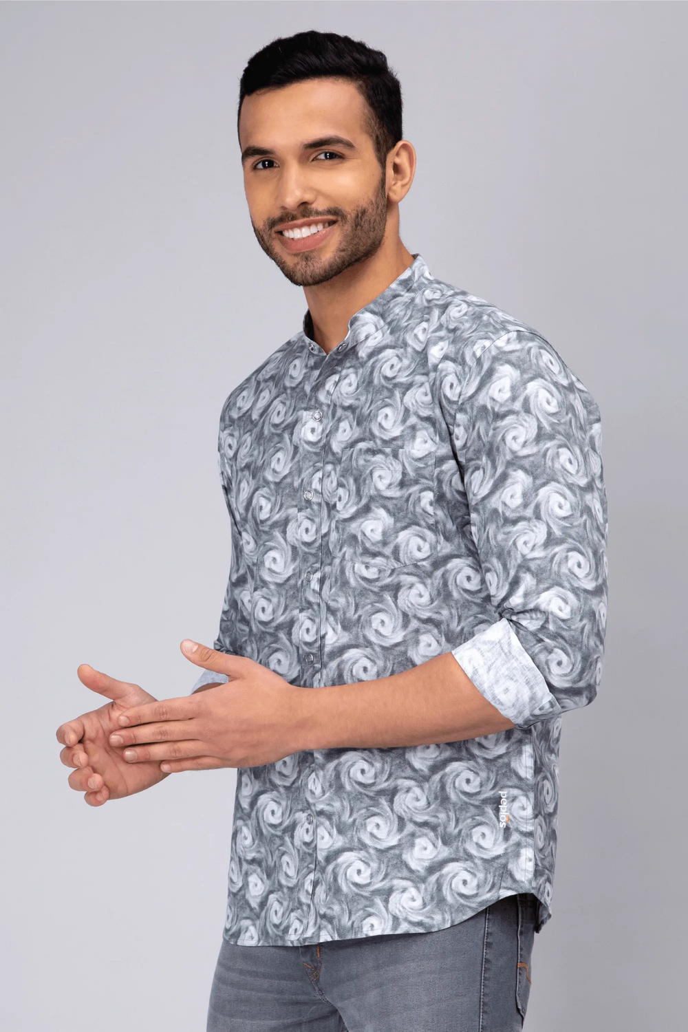 Regular Fit Chinese Color Grey Printed Shirt For Men - Peplos Jeans
