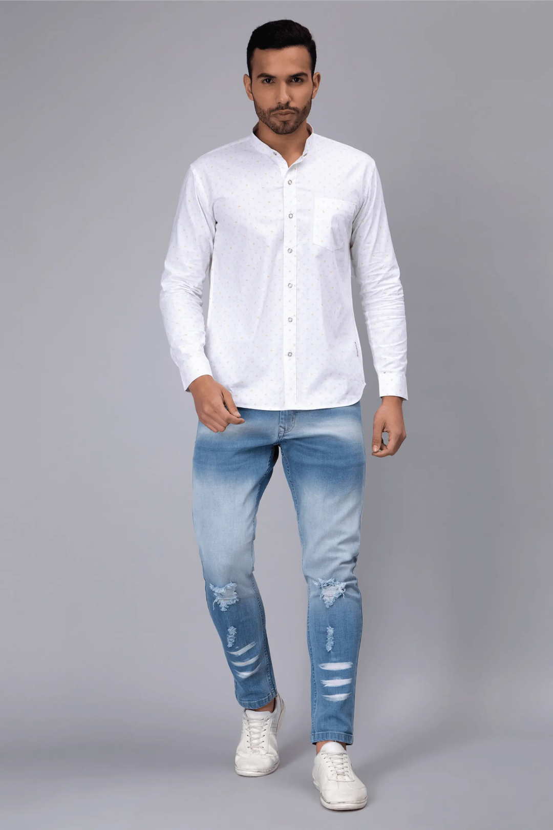 Regular Fit Chinese Color White Printed Shirt For Men - Peplos Jeans