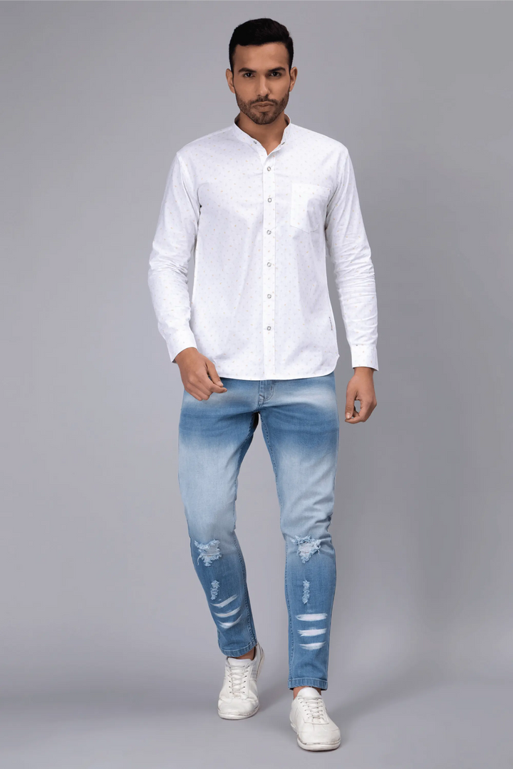 Regular Fit Chinese Color White Printed Shirt For Men - Peplos Jeans