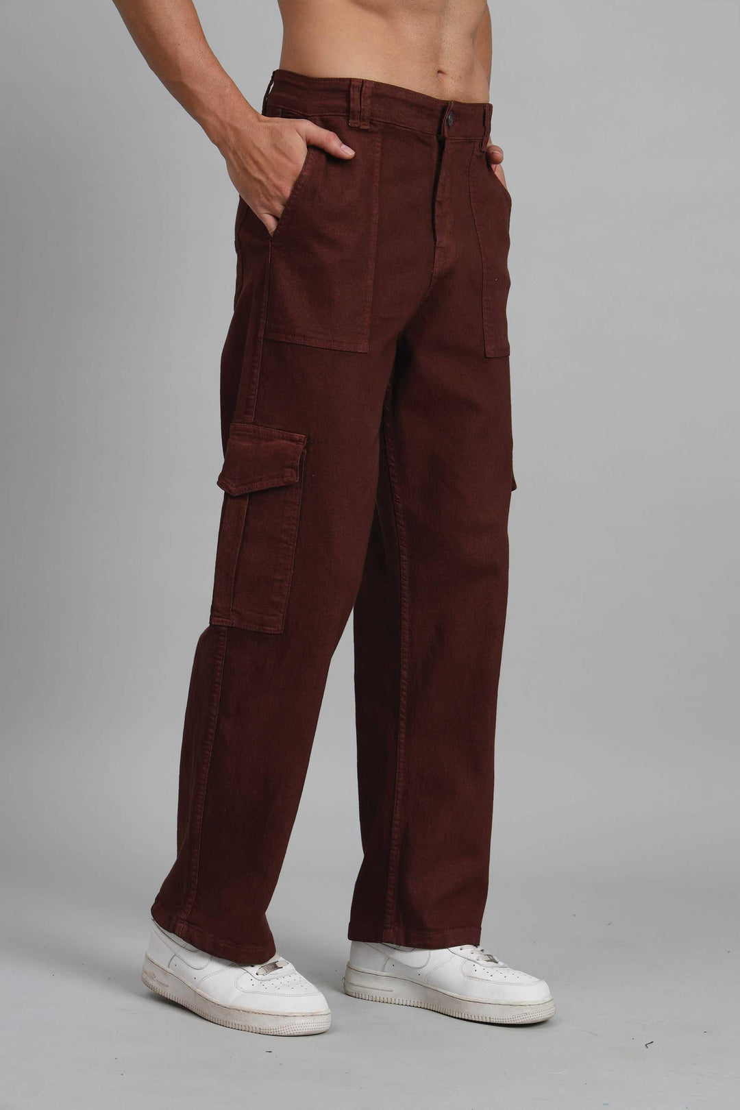 Men's Loose Fit Multiple Pocket Brown Denim Cargo Pant - Peplos Jeans