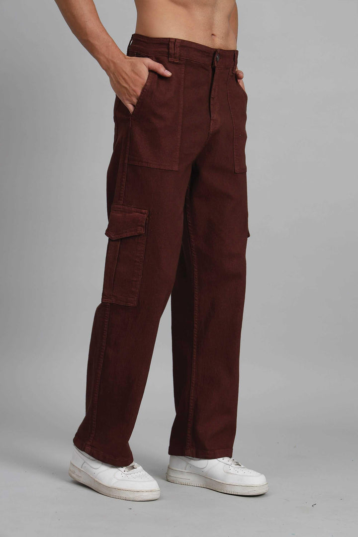 Men's Loose Fit Multiple Pocket Brown Denim Cargo Pant - Peplos Jeans