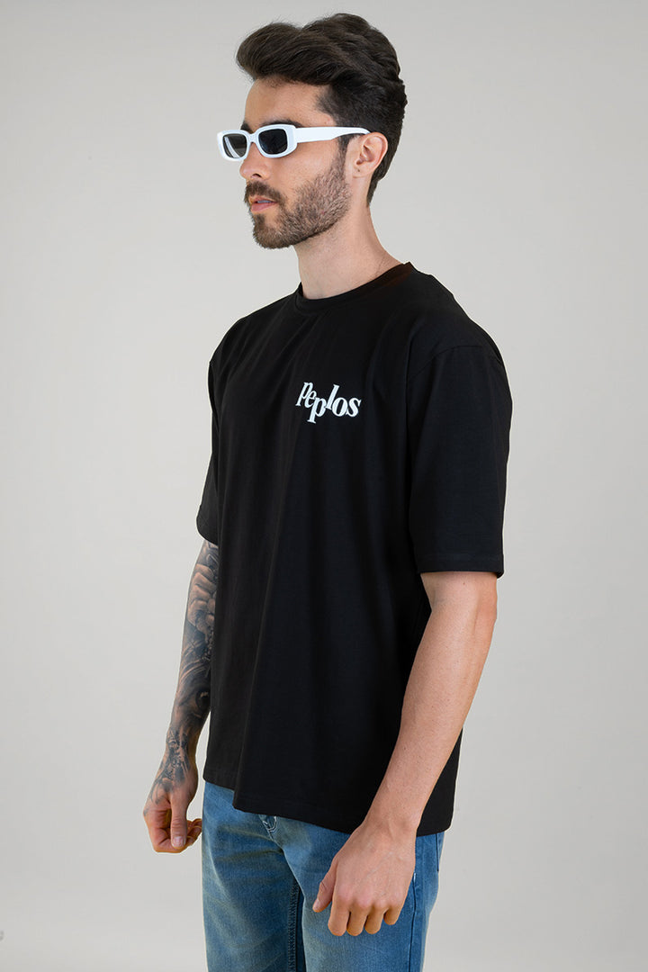 Men's Black Oversized T-Shirt - Printed Tee - Peplos Jeans