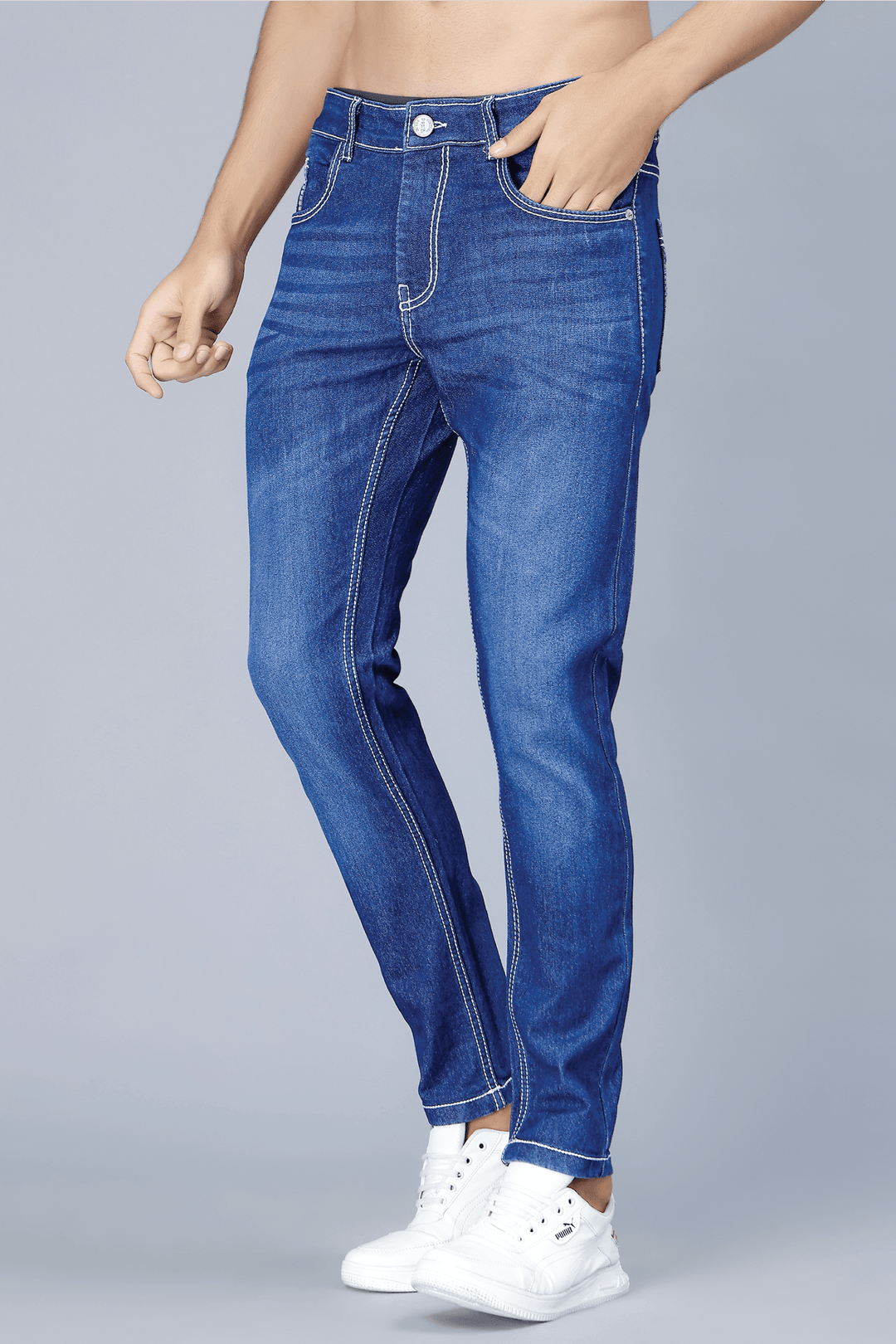 Men's Slim Fit Dark Blue Stretchable Solid Denim Jeans - Peplos Jeans