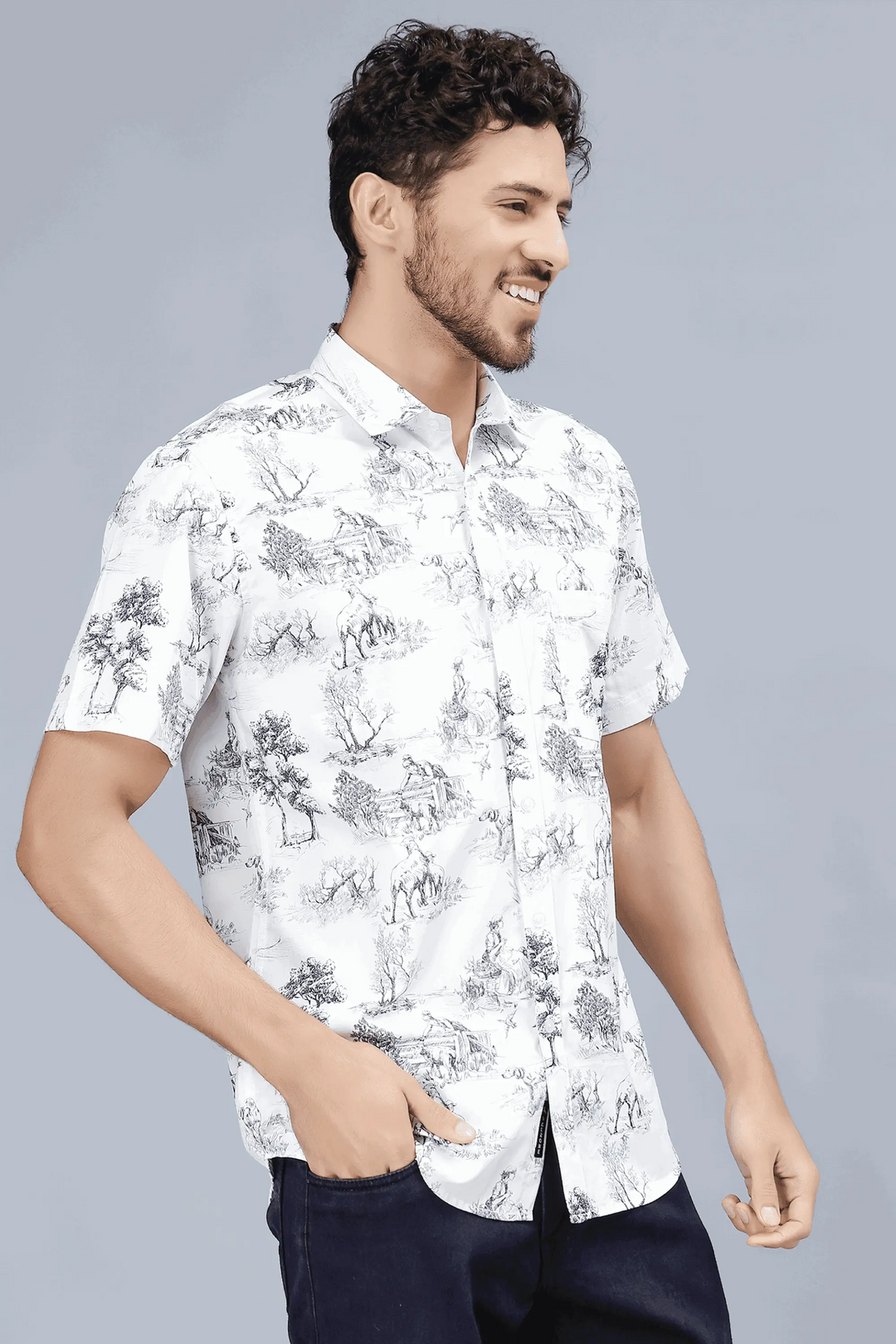 Men's Grey Multi Color Style Printed Half-Sleeve Casual Shirt - Peplos Jeans