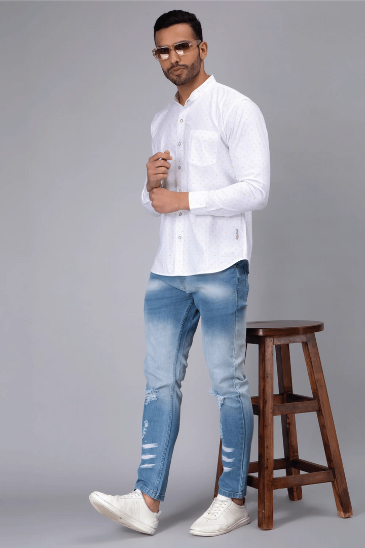 Regular Fit Chinese Color White Printed Shirt For Men - Peplos Jeans