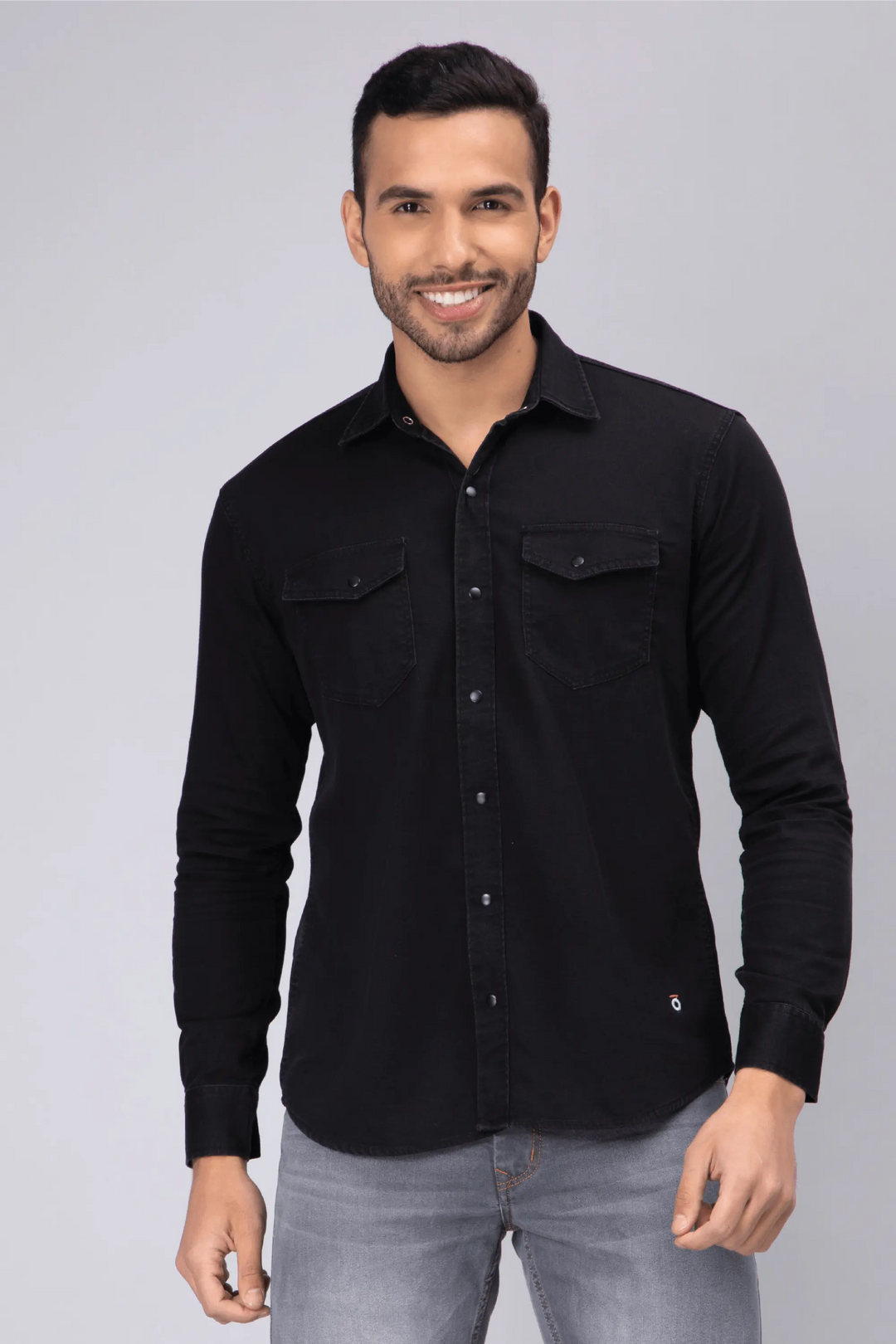 Regular Fit Black Solid Denim Shirt For Men - Peplos Jeans 