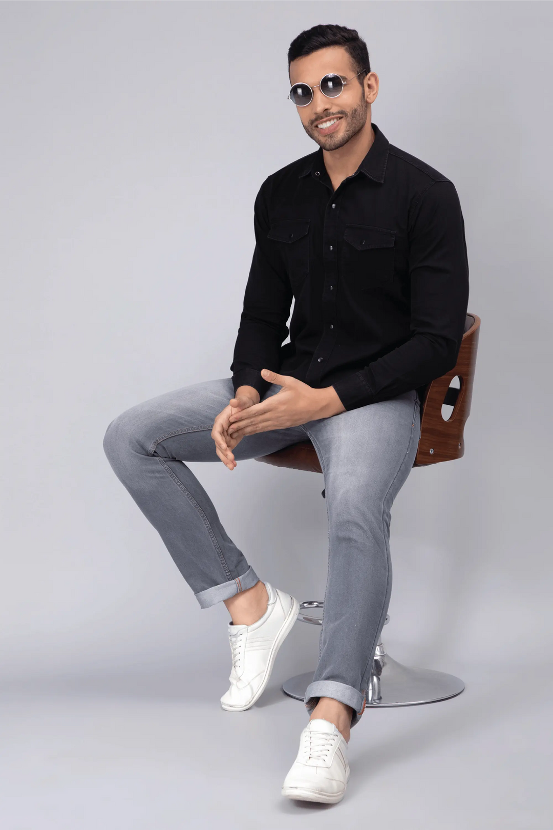 Regular Fit Black Solid Denim Shirt For Men - Peplos Jeans