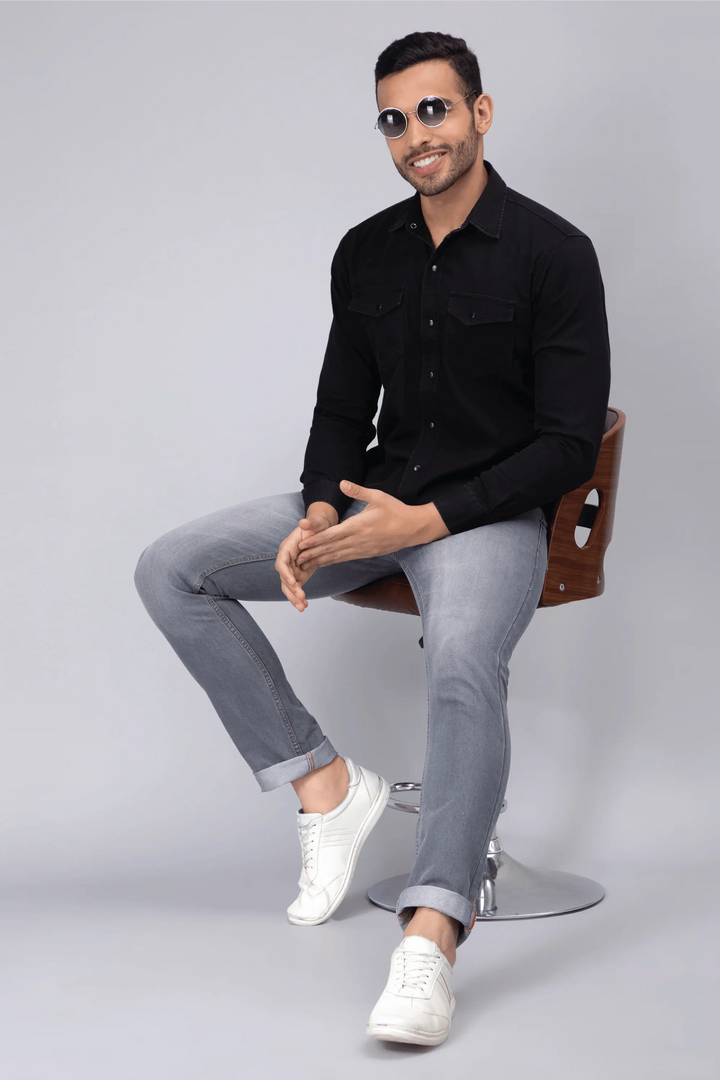 Regular Fit Black Solid Denim Shirt For Men - Peplos Jeans