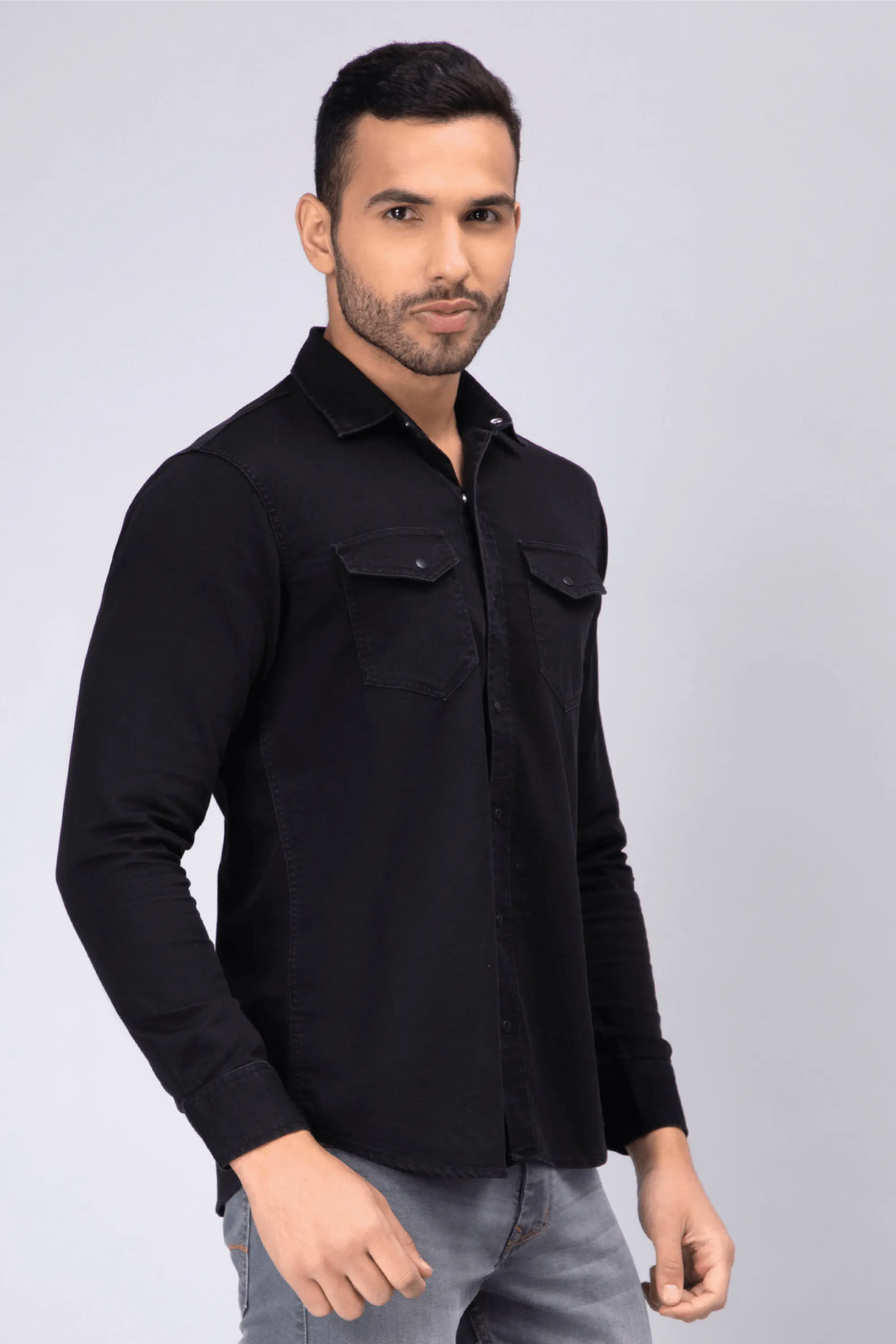 Regular Fit Black Solid Denim Shirt For Men - Peplos Jeans