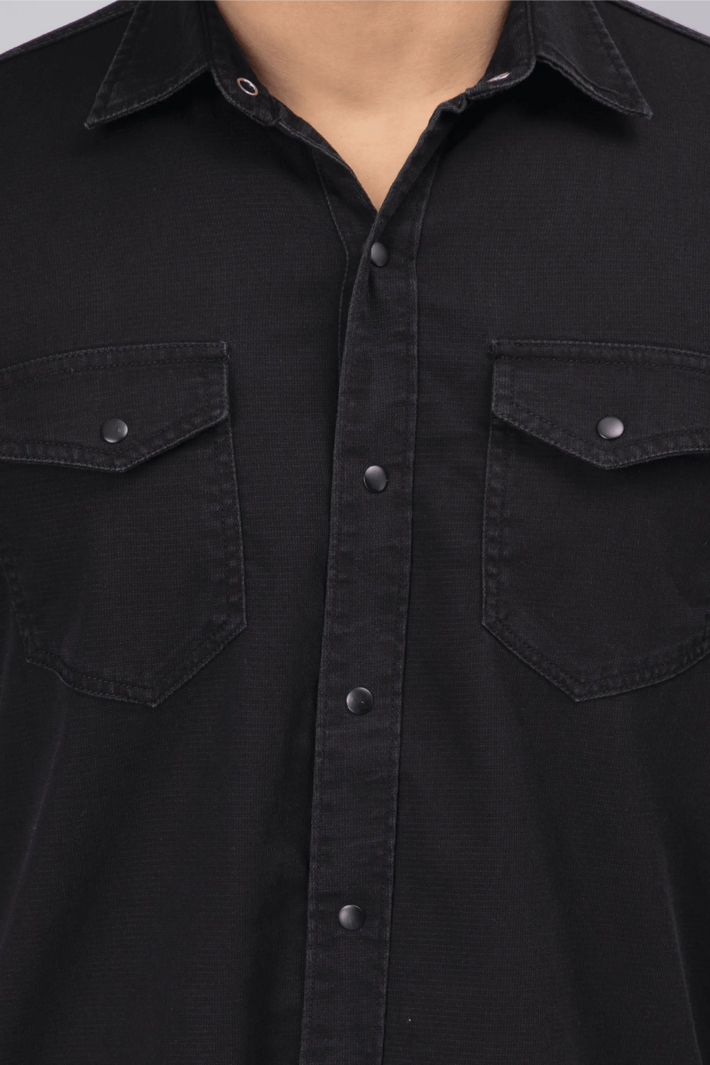 Regular Fit Black Solid Denim Shirt For Men - Peplos Jeans