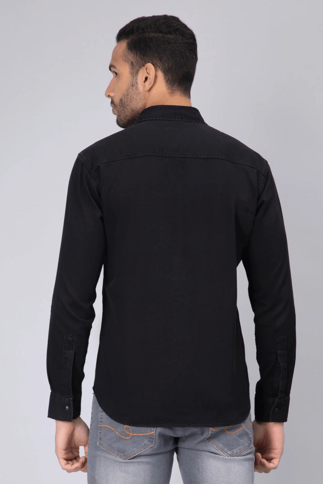 Regular Fit Black Solid Denim Shirt For Men - Peplos Jeans