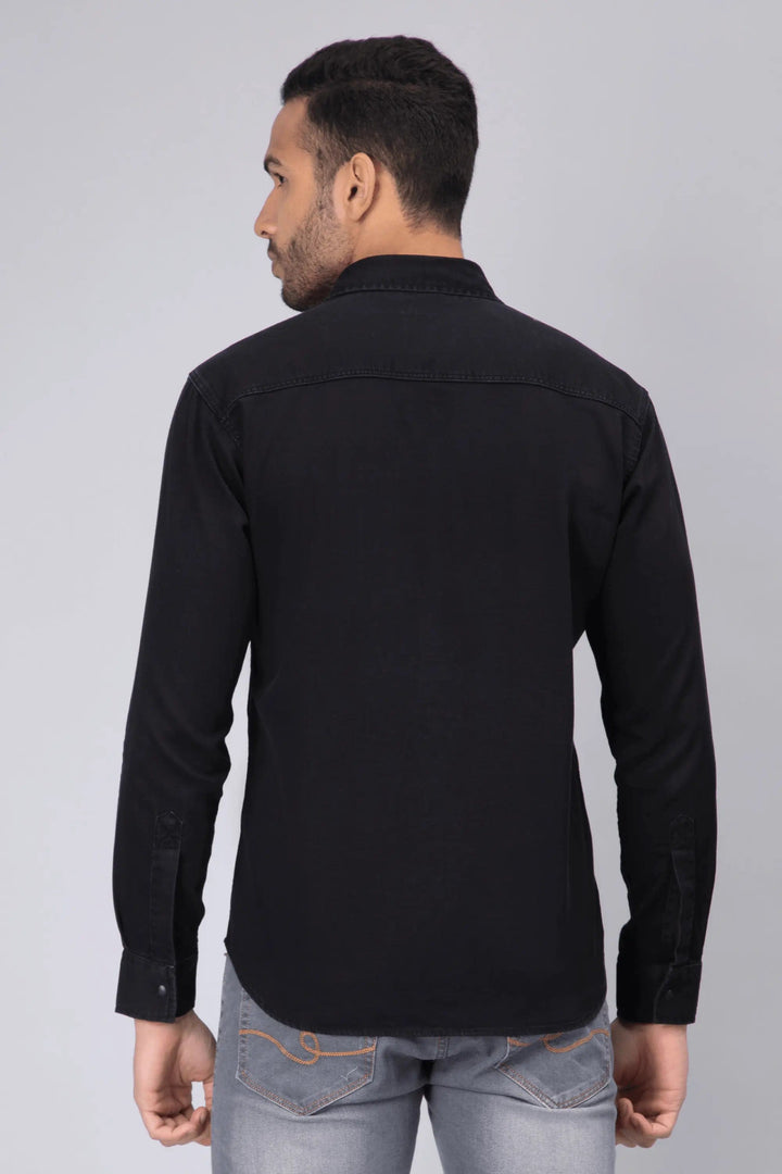 Regular Fit Black Solid Denim Shirt For Men - Peplos Jeans