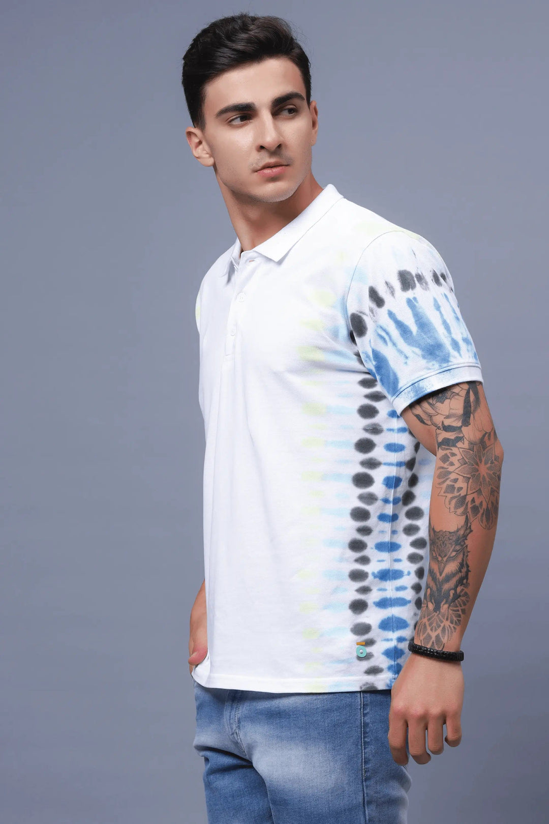 Men's Polo Neck White Tie & Dye Cotton T-shirt - Peplos Jeans
