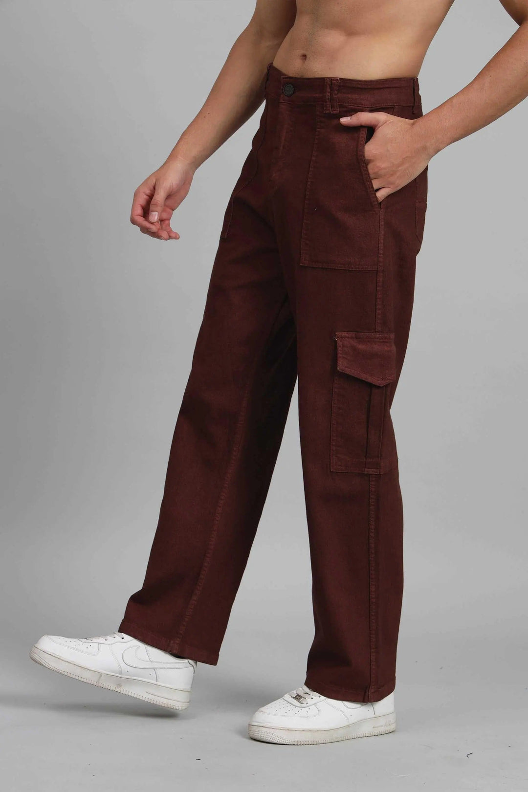 Men's Loose Fit Multiple Pocket Brown Denim Cargo Pant - Peplos Jeans 