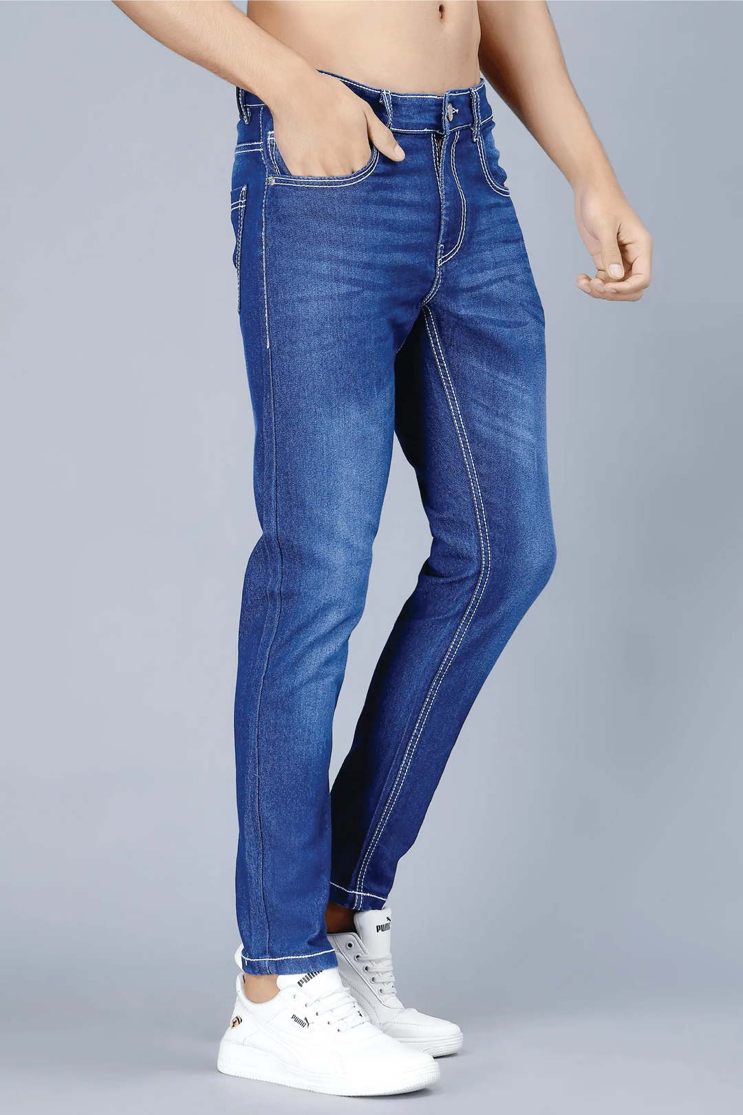 Men's Slim Fit Dark Blue Stretchable Solid Denim Jeans - Peplos Jeans 