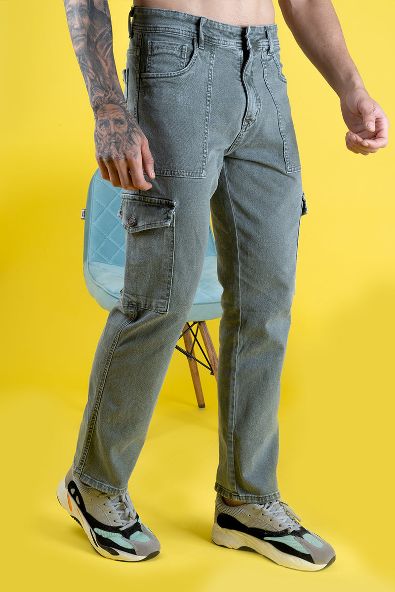Men's Regular Fit Denim Cargo Pants - Light Green