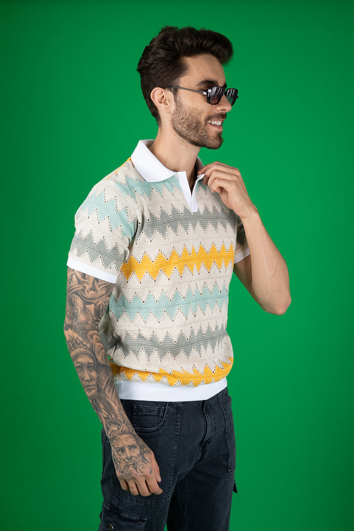 Men's Regular Fit Multi Color Crochet Polo Neck Tee
