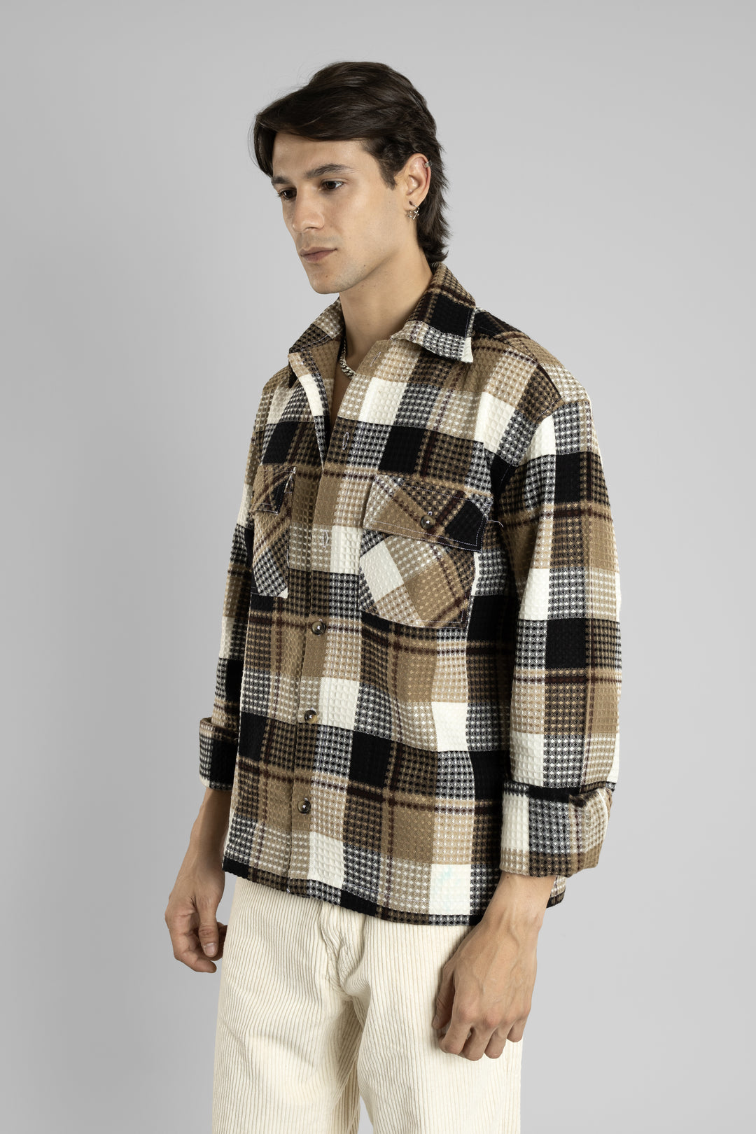 Oversized Checkered Shacket (Brown)