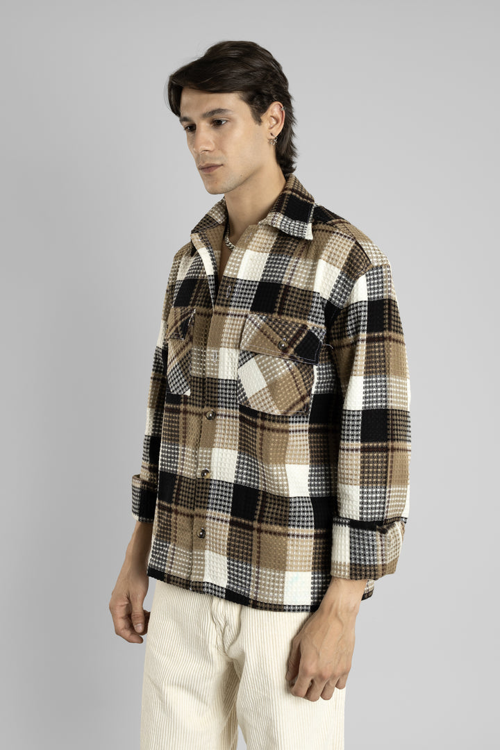 Oversized Checkered Shacket (Brown)