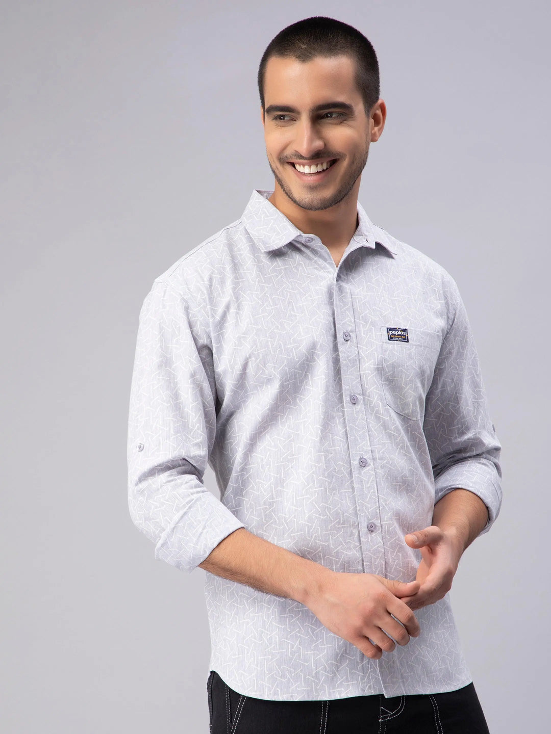 Regular Fit Pure Cotton Light Grey Printed Casual Shirt For Men - Peplos Jeans