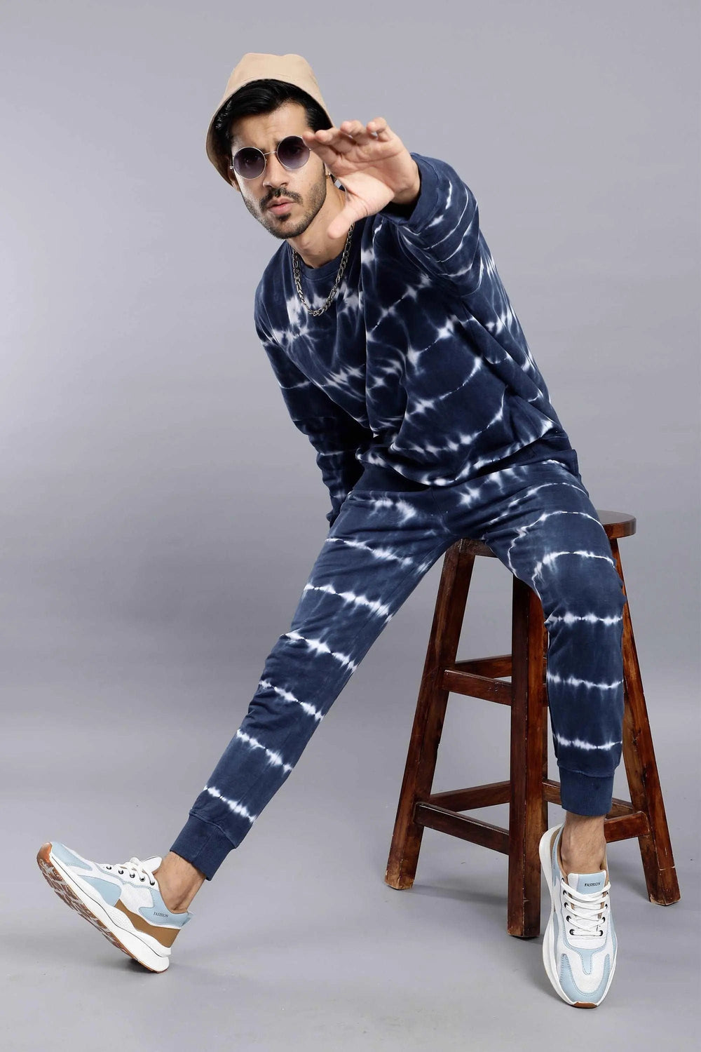 sitting view of Regular Fit Blue Sweatshirt Jogger Set For Men - Peplos Jeans