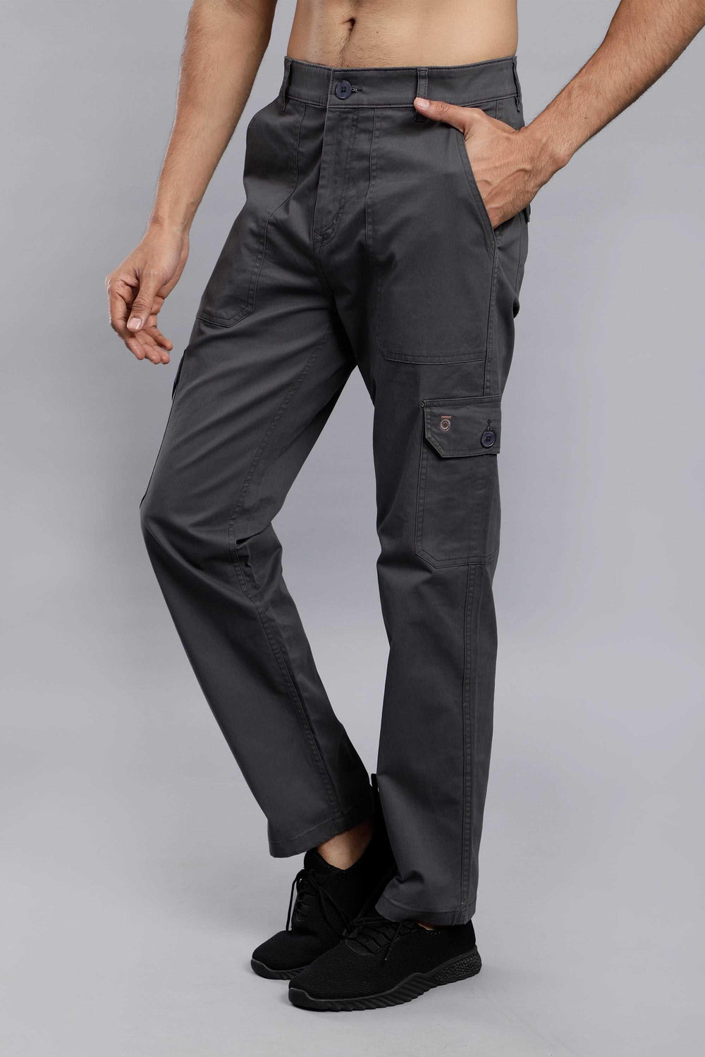 Men's Loose Fit Multiple Pockets Dark Grey Cargo Pant - Peplos Jeans