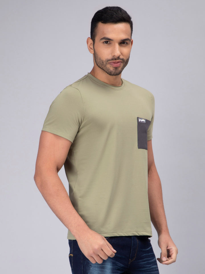 Men's Half-Sleeve Solid Cotton T-shirt with Pocket - Pista - Peplos Jeans
