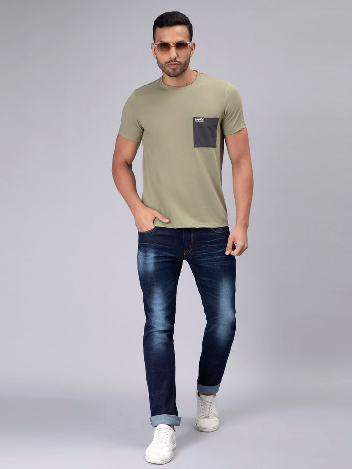 Men's Half-Sleeve Solid Cotton T-shirt with Pocket - Pista - Peplos Jeans