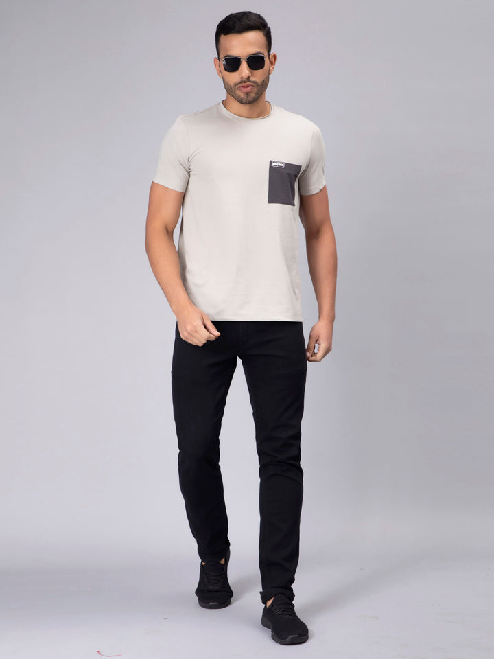 Men's Half-Sleeve Solid Cotton T-shirt with Pocket - Grey - Peplos Jeans