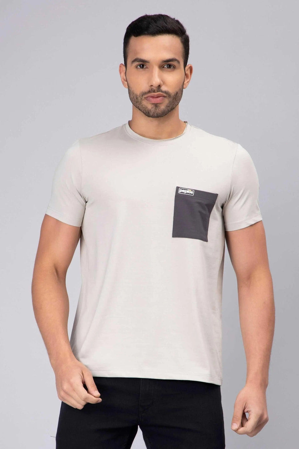 Men's Half-Sleeve Solid Cotton T-shirt with Pocket - Grey - Peplos Jeans