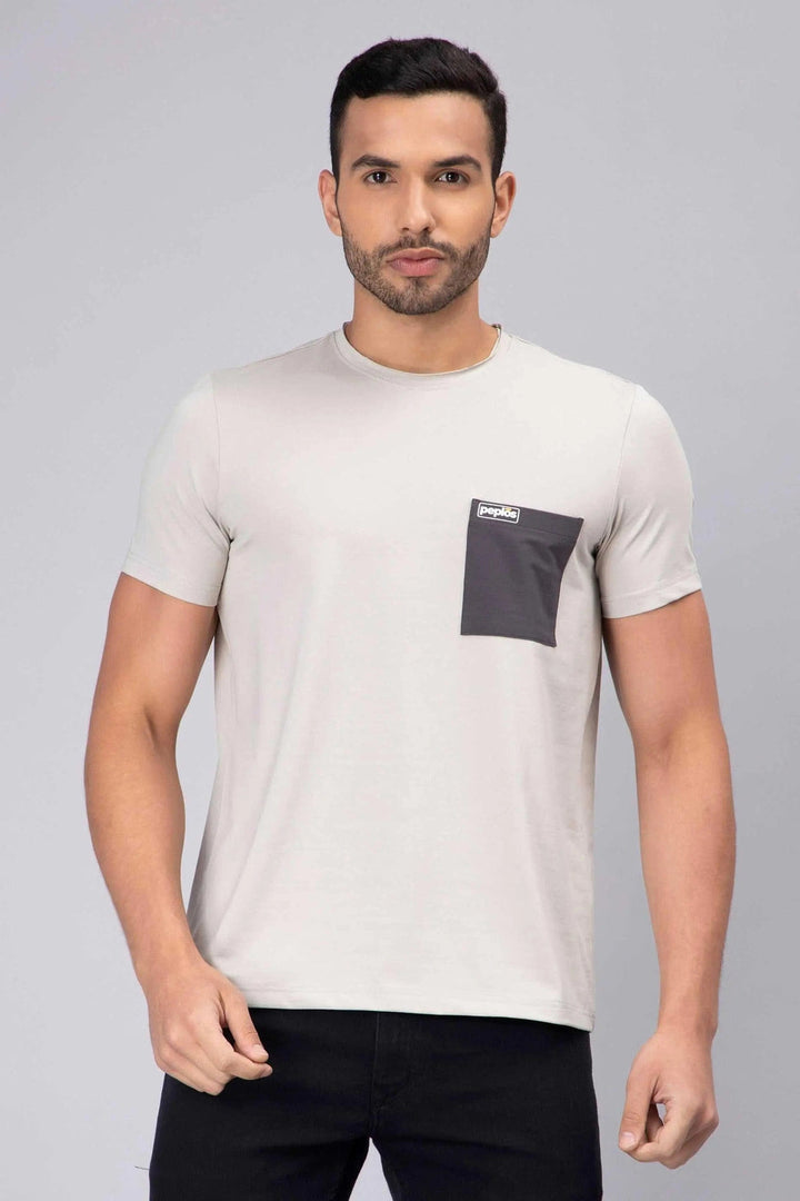 Men's Half-Sleeve Solid Cotton T-shirt with Pocket - Grey - Peplos Jeans