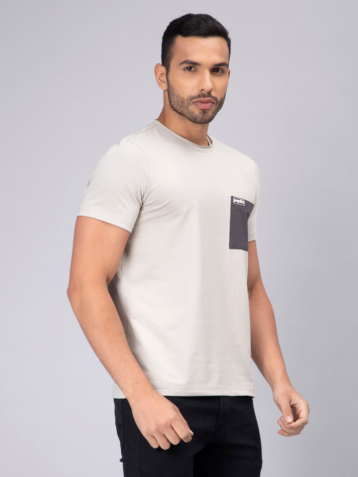 Men's Half-Sleeve Solid Cotton T-shirt with Pocket - Grey - Peplos Jeans