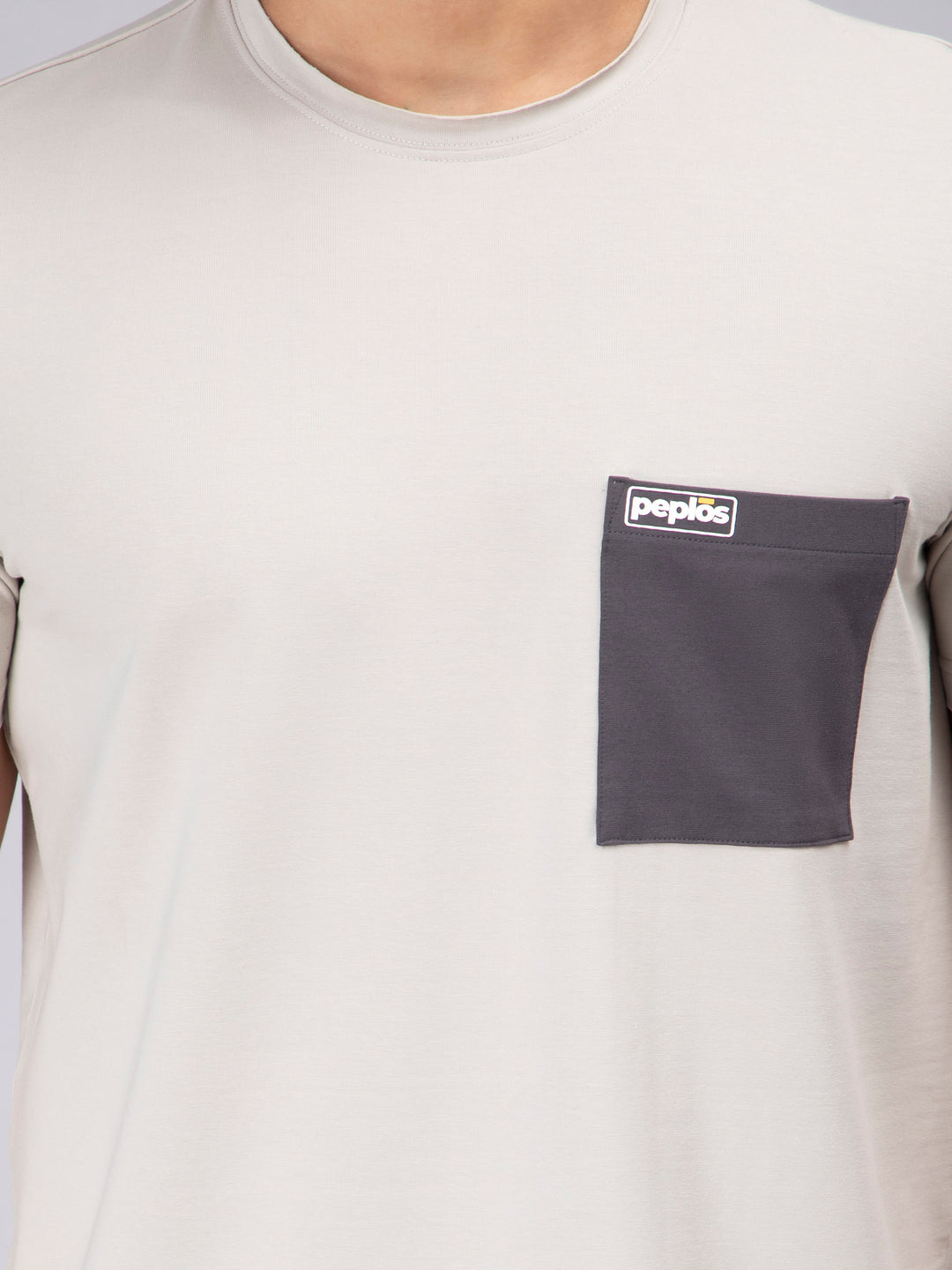 Men's Half-Sleeve Solid Cotton T-shirt with Pocket - Grey - Peplos Jeans