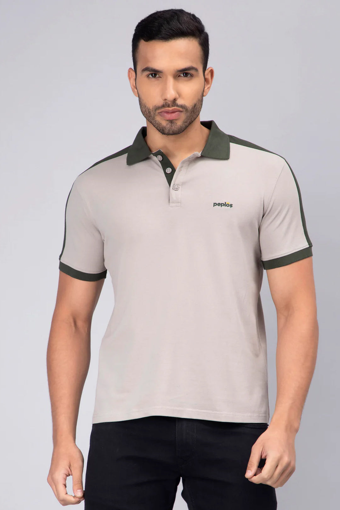 Men's Grey Polo Neck Premium Cotton T-shirt - Peplos Jeans