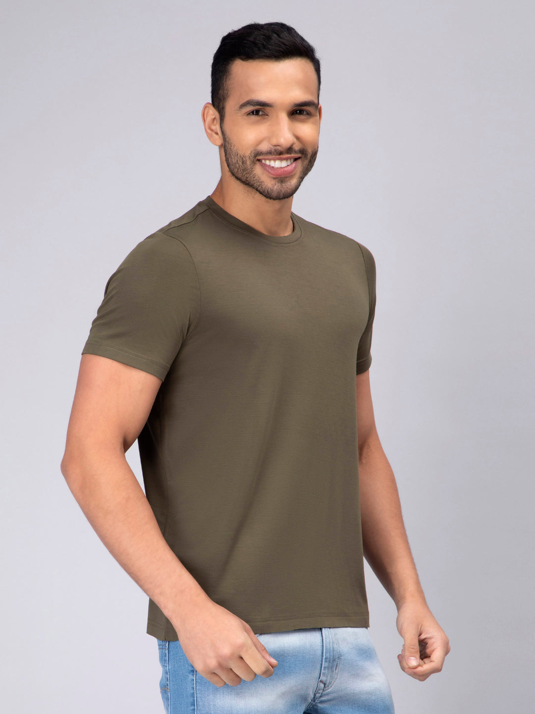 Men's Half-Sleeve Solid Olive Cotton T-shirt - Peplos Jeans