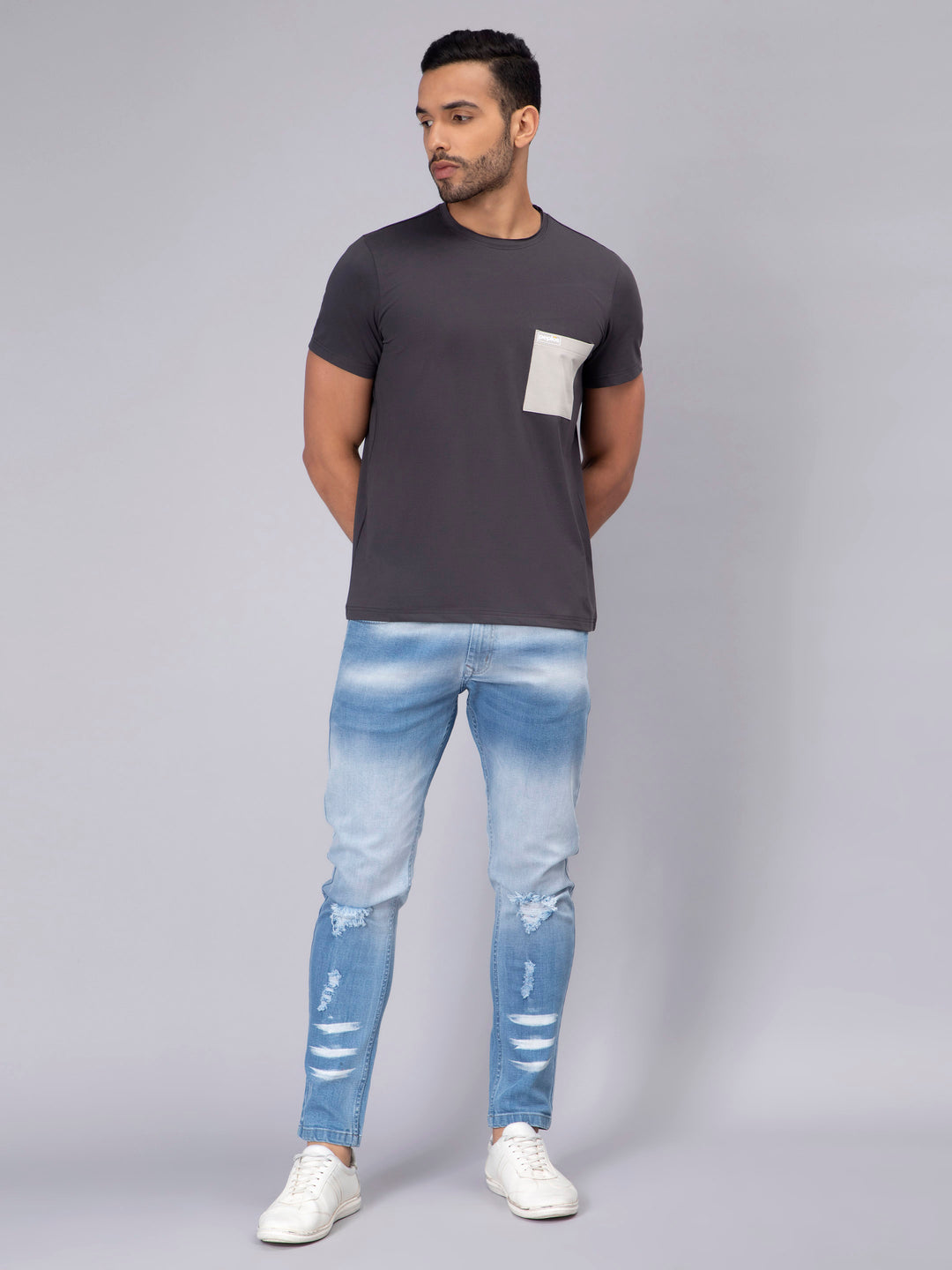 Men's Half-Sleeve Solid Cotton T-shirt with Pocket - Dark Grey - Peplos Jeans
