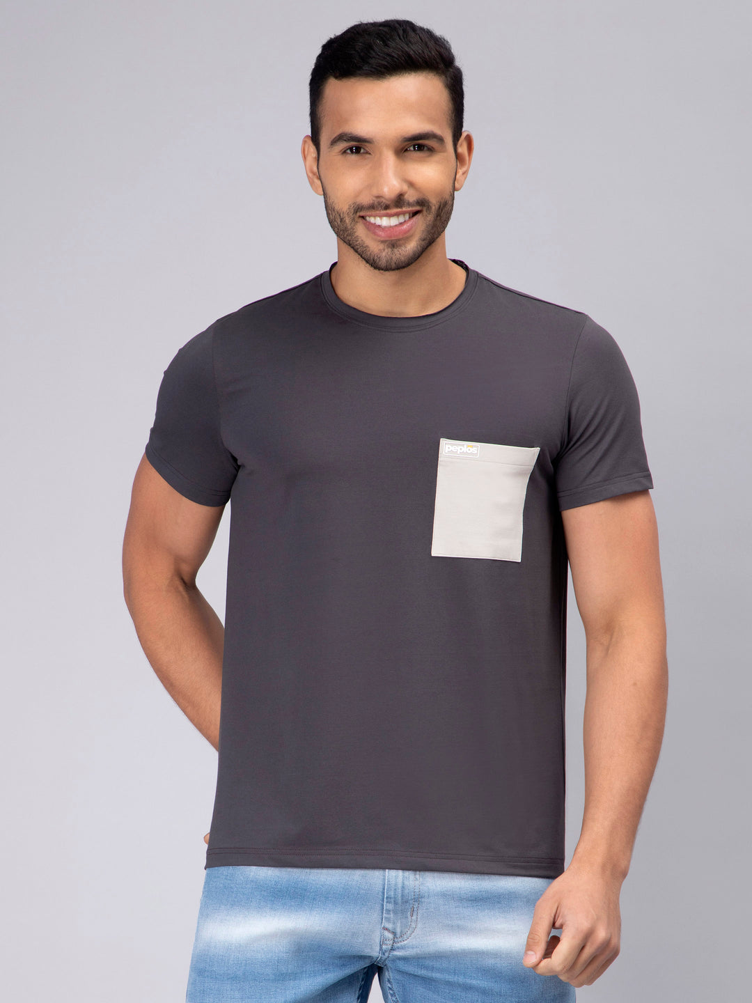 Men's Half-Sleeve Solid Cotton T-shirt with Pocket - Dark Grey - Peplos Jeans