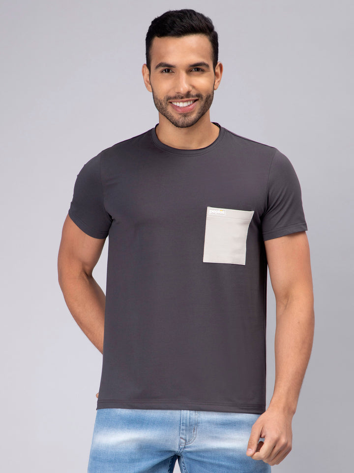 Men's Half-Sleeve Solid Cotton T-shirt with Pocket - Dark Grey - Peplos Jeans