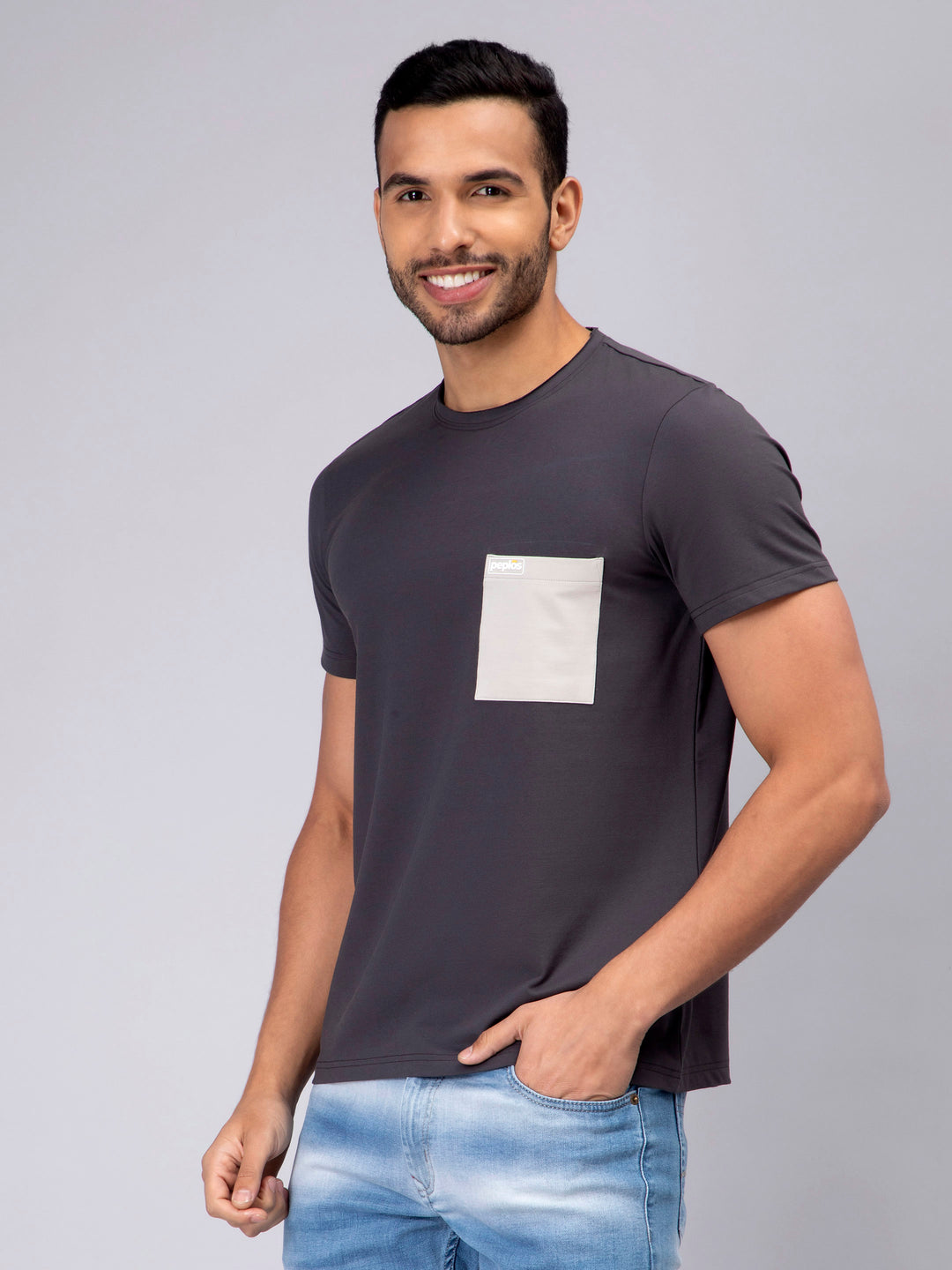 Men's Half-Sleeve Solid Cotton T-shirt with Pocket - Dark Grey - Peplos Jeans