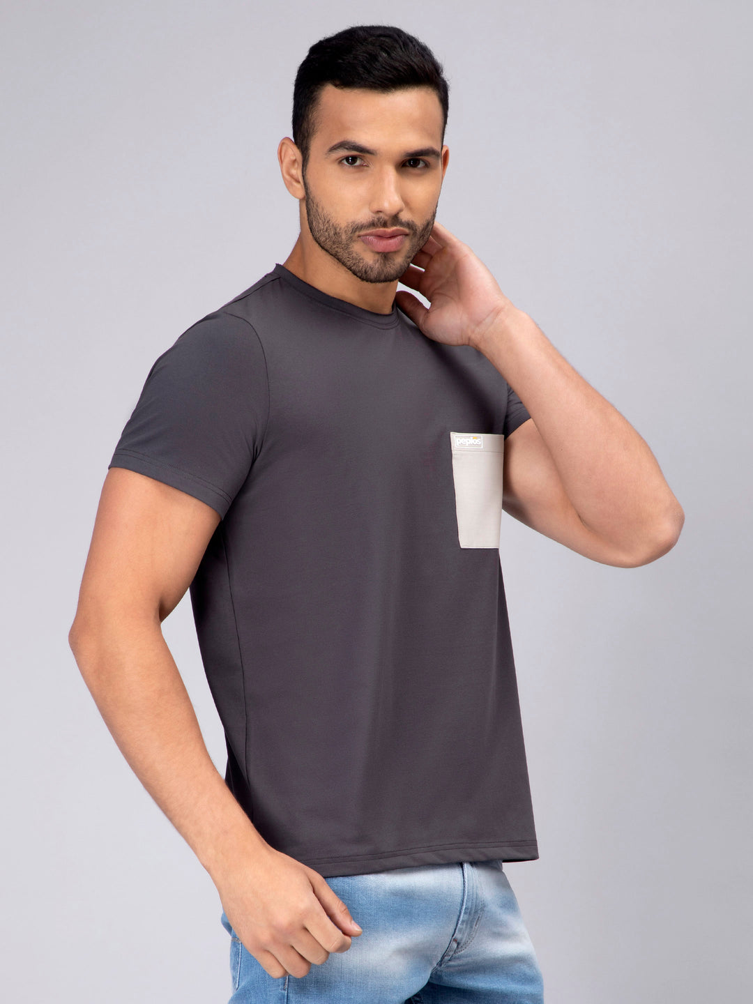 Men's Half-Sleeve Solid Cotton T-shirt with Pocket - Dark Grey - Peplos Jeans
